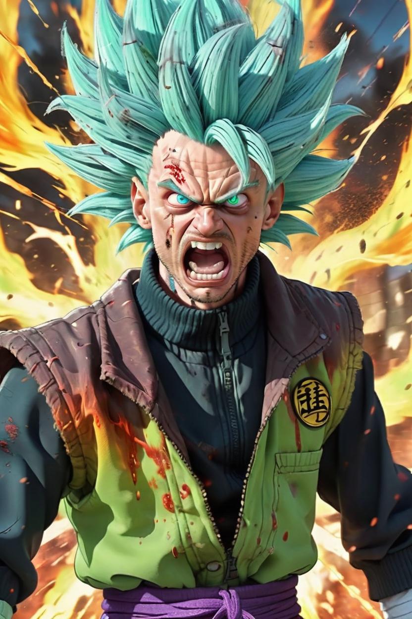 Artificial Intelligence (AI) generated image art, man, as a super saiyan god, In the style of Anime, Dragon Ball Z, art by Akira Toriyama, full body, looks like man, powering up to next saiyan level, yelling, coloured aura, highly detail, sweaty and bloody from the battle, in a battle field, 4k, Anime