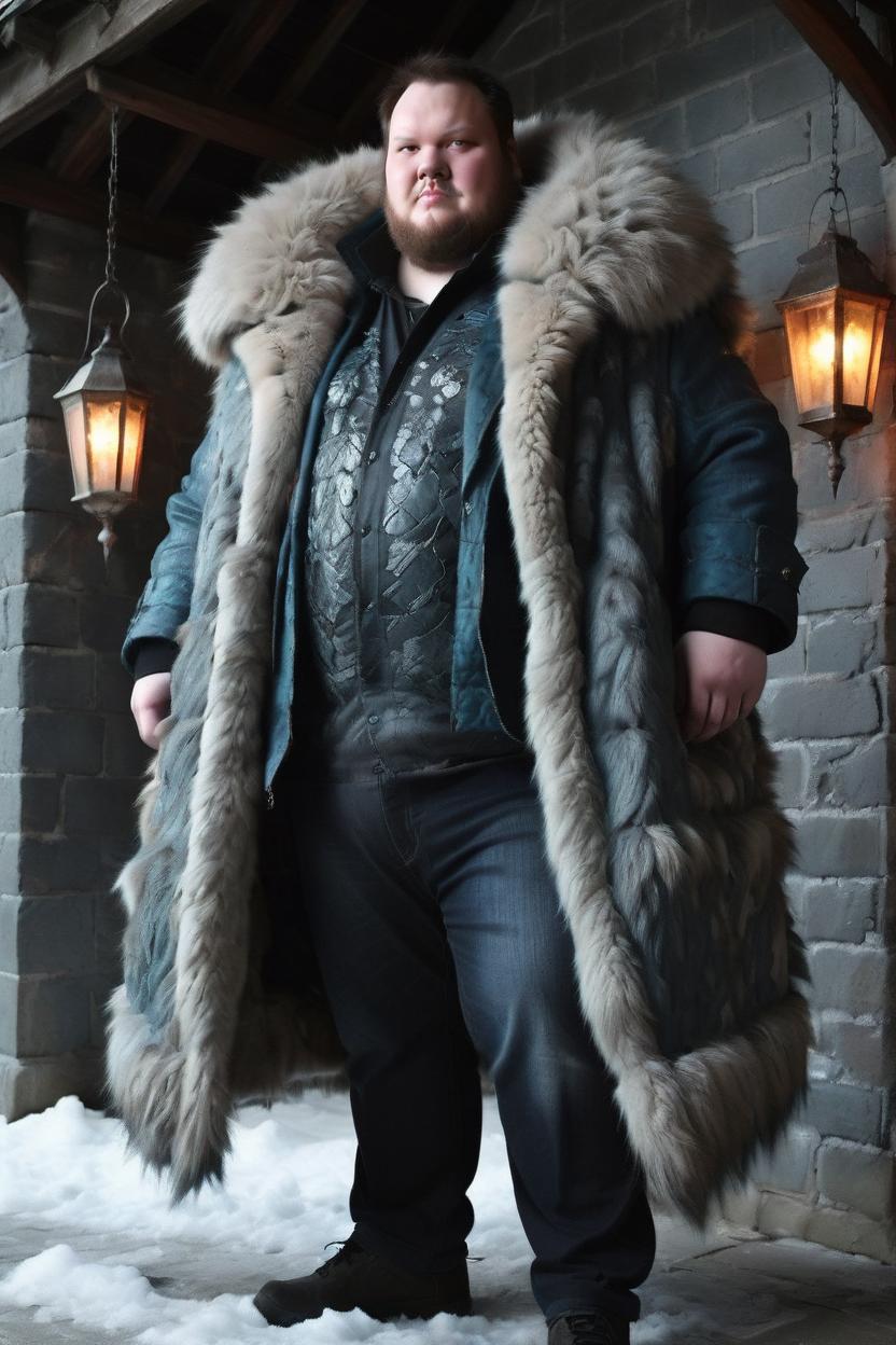 Artificial Intelligence (AI) generated image art, man, big and tall, fantasy, wear armor and a huge wolf fur coat, scenery is dark, grey brick walls with lanterns hanging from the roof