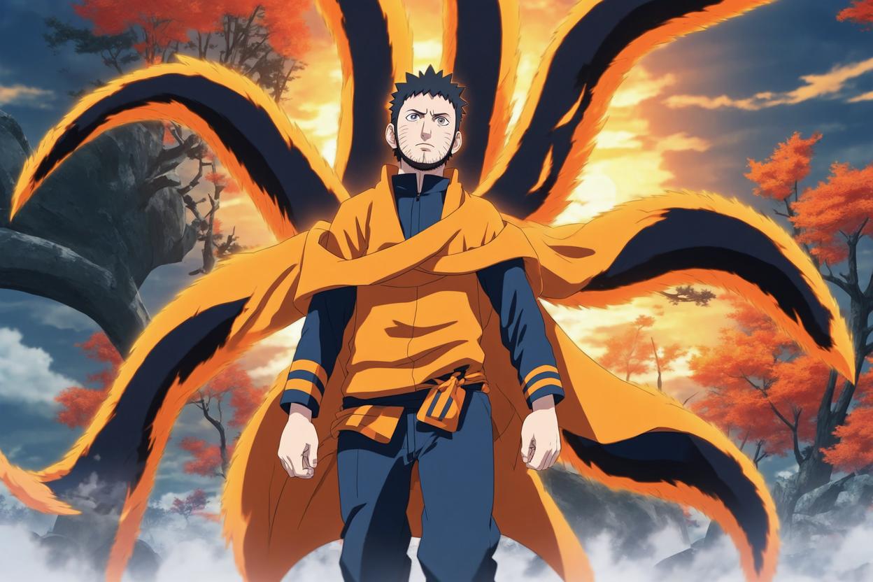 Artificial Intelligence (AI) generated image art, person,,(Full body), face looks like person, , as naurto uzumaki, from Naruto shippuden, in style of anime,dressed as naurto uzumaki with a focused gaze , big eight tails of kurama, The image is rendered in the vibrant, art by masashi kishimoto, detailed style of a "Naruto Shippuden" animation, with sharp outlines, dynamic shading, and a rich, sunset color palette, art by Masashi Kishimoto, 4K, ultra detailed, face looks like Johnnymagor. "