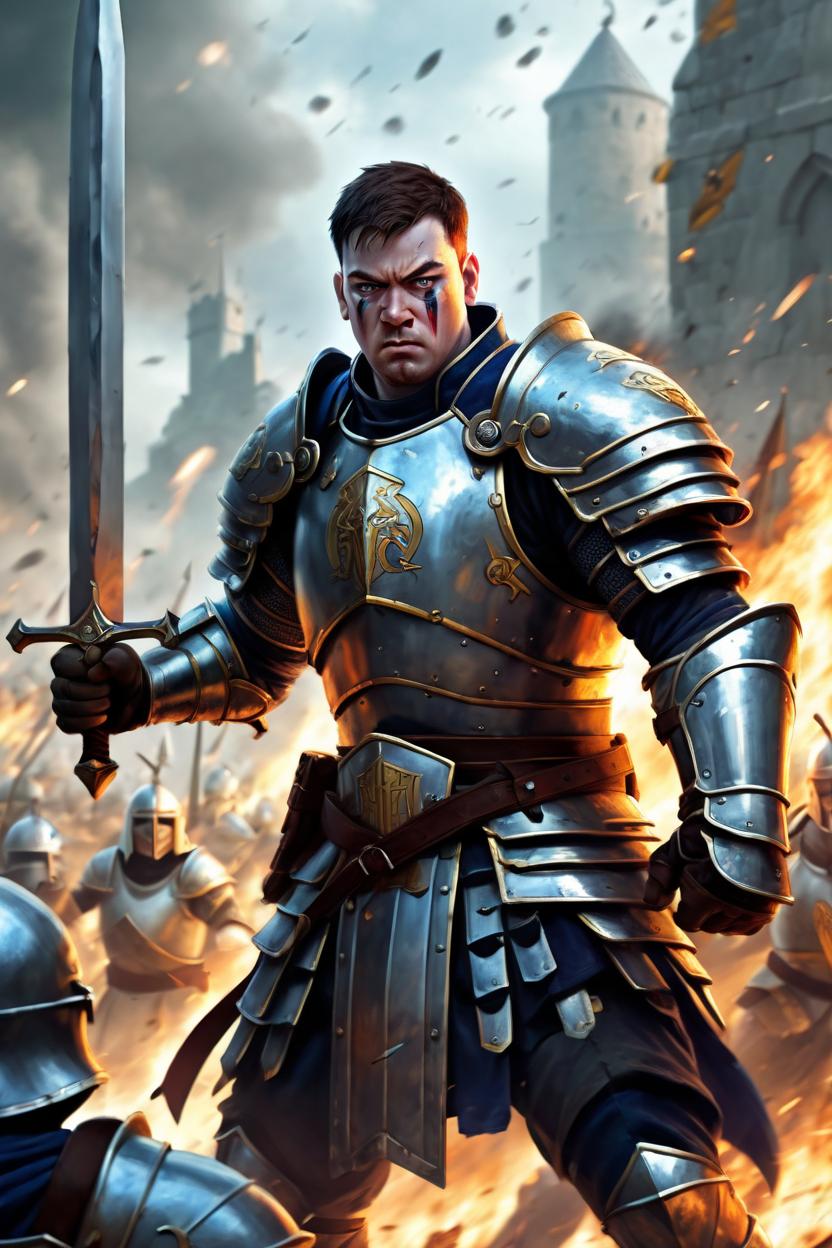 Artificial Intelligence (AI) generated image art, man, as fantasy paladin, art by greg rutkowski, fighting enemies in battle, in front lines, angry, high depth of field