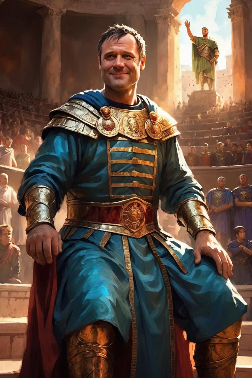 Artificial Intelligence (AI) generated image art, man, as roman emperor, art by greg rutkowski, in the emperor throne in colosseum, waving to the crowd, stunning artwork, beautiful light
