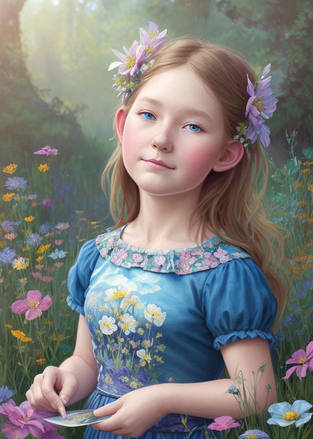 Artificial Intelligence (AI) generated image art, person, ((landscape portrait)), beautiful sandy blonde shoulder length haired blue eyed 9 year old princess, highly detailed illustration, in a garden holding a bunch of wild flowers, deep focus, d & d, fantasy, intricate, elegant, highly detailed, digital painting, artesian, concept art, sunset, matte, sharp focus, illustration, hearthstone, art by artgerm and greg rutkowski and alphonse mucha and marco mazzoni, colorful, vibrant, eye-catching, meadow,