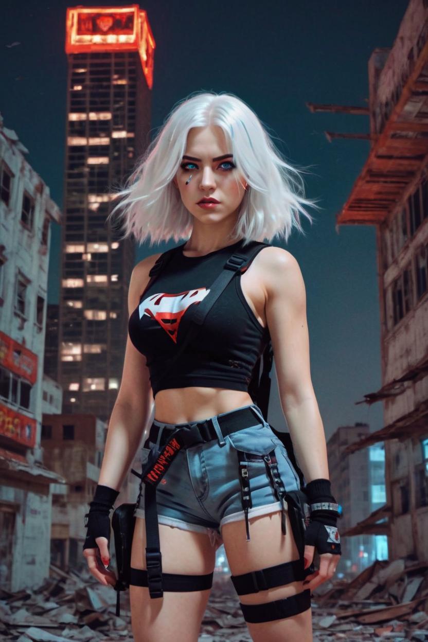 Artificial Intelligence (AI) generated image art, woman, red eyes, white hair, strapped, guns, apocalypse atmosphere, nighttime, hot body, crop top, backpack, shorts, laced boots, 3D art style, comic book art style, building background, vampire