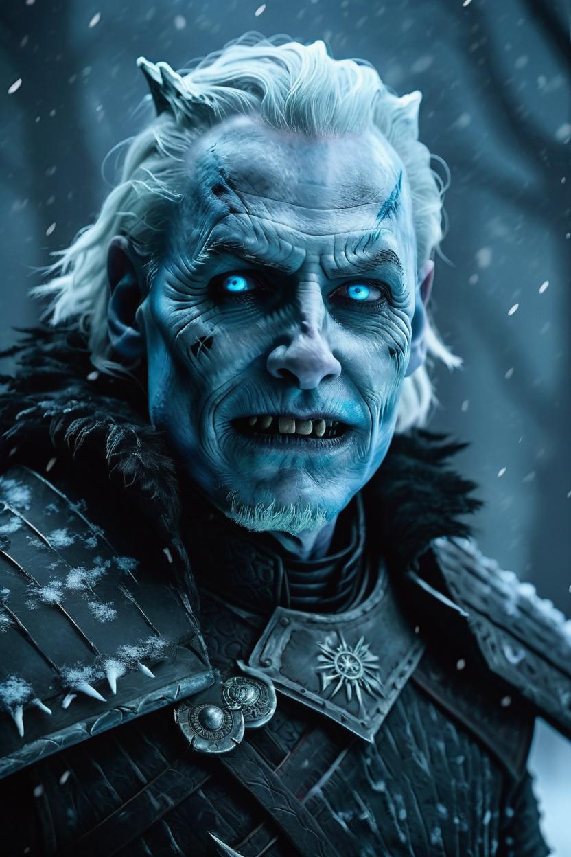 Artificial Intelligence (AI) generated image art, man, as the night king from game of thrones, white walker, evil looking, dark cinematic lighting, snow scene, very detailed