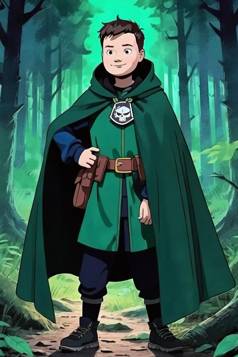 Artificial Intelligence (AI) generated image art, man, As a fantasy ranger wearing a dark green cloak, in the forest, evening, by Tim Burton, detailed, animated, cartoon