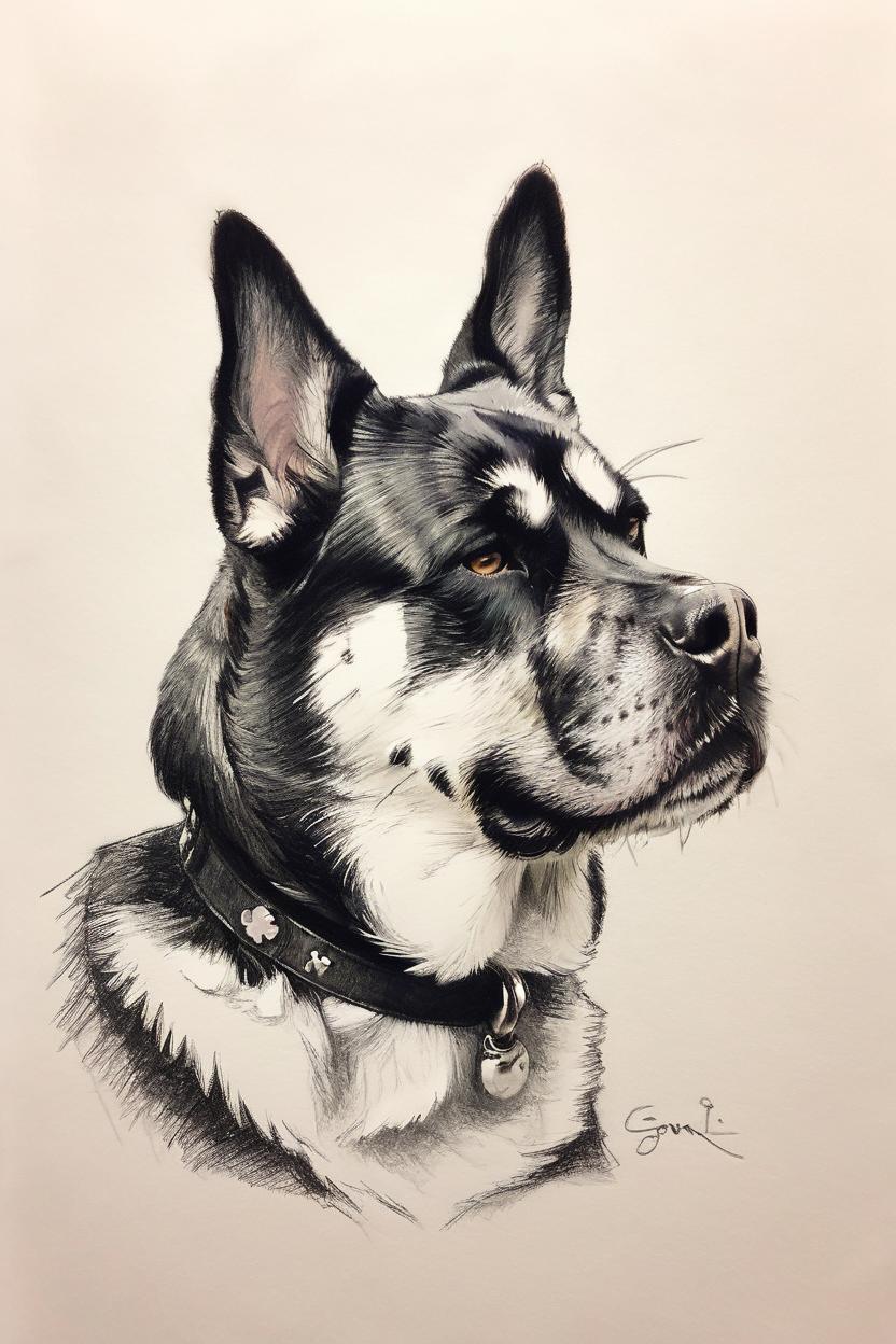Artificial Intelligence (AI) generated image art, dog, pencil sketch style, profile, one head, no collar