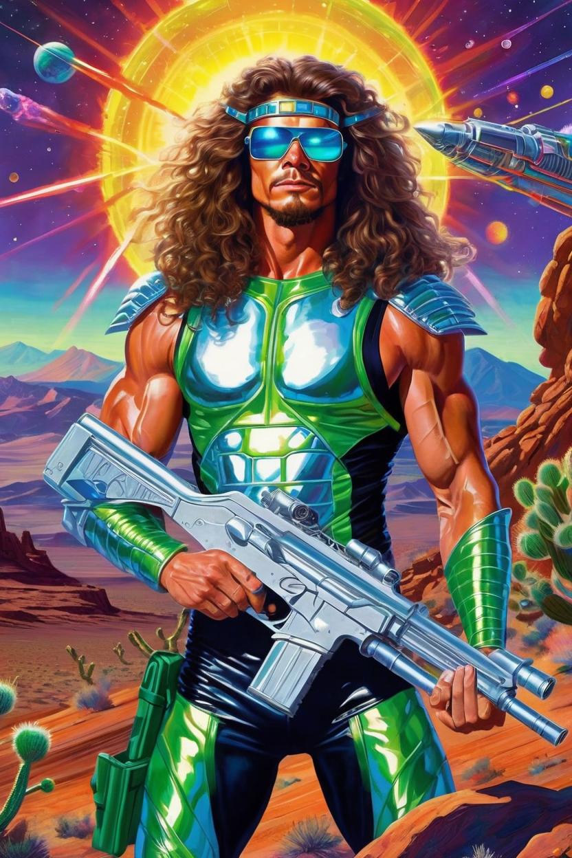 Artificial Intelligence (AI) generated image art, man, as a sci-fi assassin explorer ((1980s)) wearing metallic chrome bodysuit, muscular body, long curly brown hair tied back, wearing hi tech hollogram laser glasses, holding a ray gun with 3 green rings around the barrel of the gun, alien world, UFOs in sky shooting colorful lasers battle in the sky above him, otherworldly atmosphere, vegetative colorful vibrant eye-catching desert landscape ((landscape portrait)) highly detailed, strong, manly, apocalyptic vibe, artistic, creative