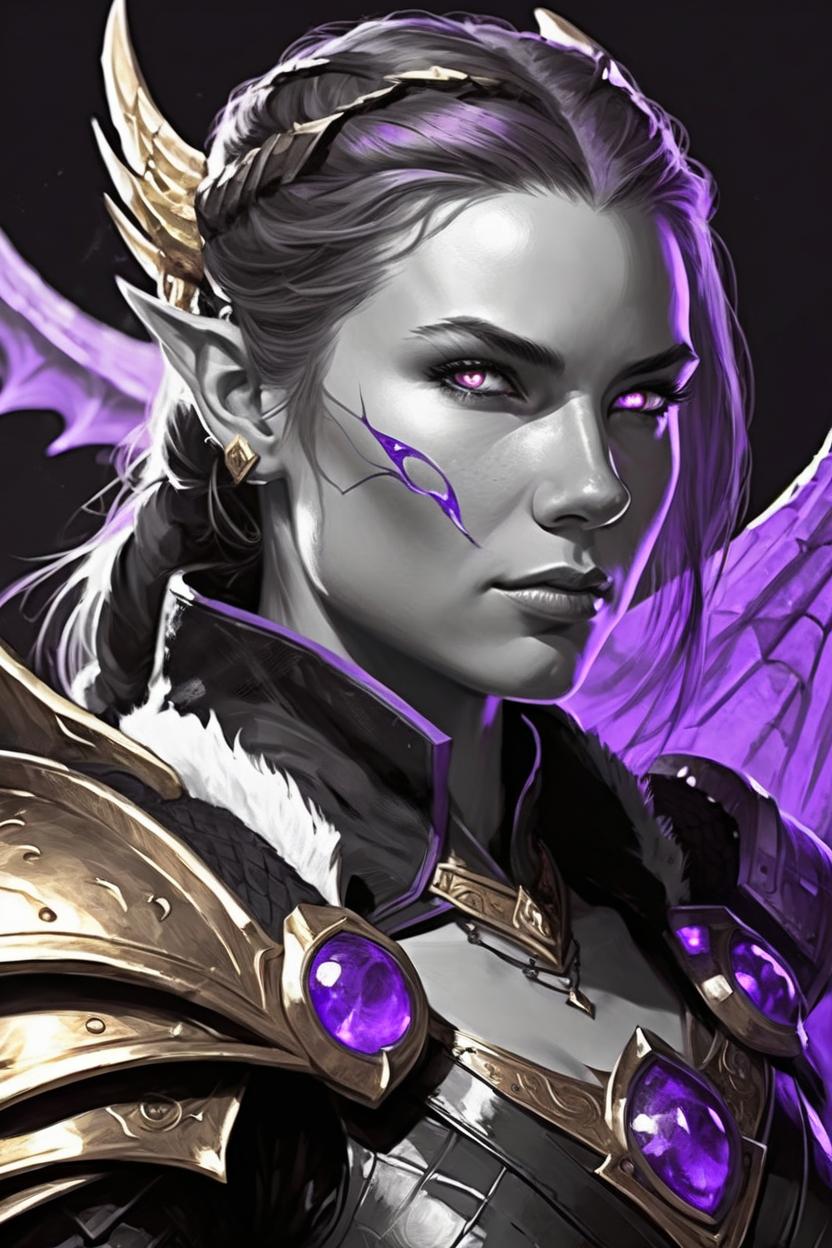 Artificial Intelligence (AI) generated image art, woman, ((portrait)) on her Wyvern, she has a majestic greatsword in one hand, the greatsword has a purple energy core and glowing veins, the blade is golden, closeup high detail portrait by Nele Diel and Melanie Delon, simplistic black and white artstyle