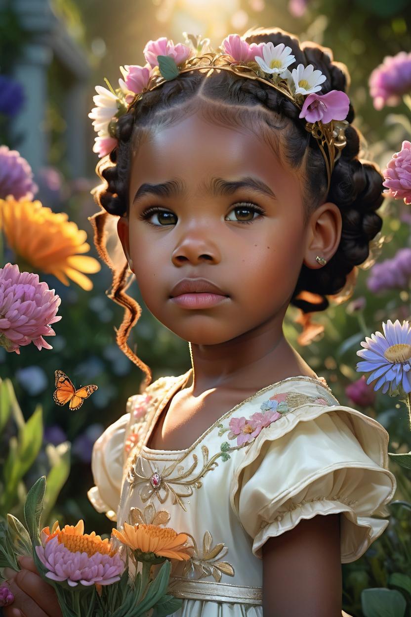 Artificial Intelligence (AI) generated image art, woman, ((portrait)), beautiful child princess, highly detailed illustration, in a garden holding a bunch of wild flowers, deep focus, d & d, realistic, intricate, elegant, highly detailed, realistic painting, artstation, concept art, sunset, matte, sharp focus, illustration, hearthstone, art by artgerm and greg rutkowski and alphonse mucha and marco mazzoni