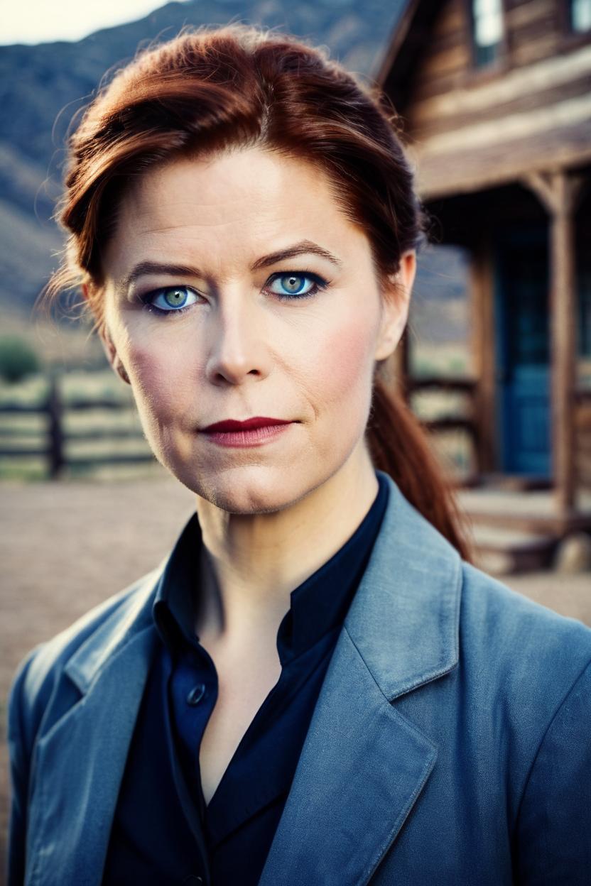 Artificial Intelligence (AI) generated image art, woman as an independent prairie woman, a schoolmaster, headmistress in the Old American West, woman, vintage 1880s style clothing, cinematic, blue hour, in wild west mountains, Victorian house and ranch in the background, Kodak Portra 800 film SMC Takumar 35mm f/ 2. 8 c 50, detailed face, hazel eyes, reddish brown hair, a very faint halo of light surrounding her, a glint of mischief and magic in her eyes