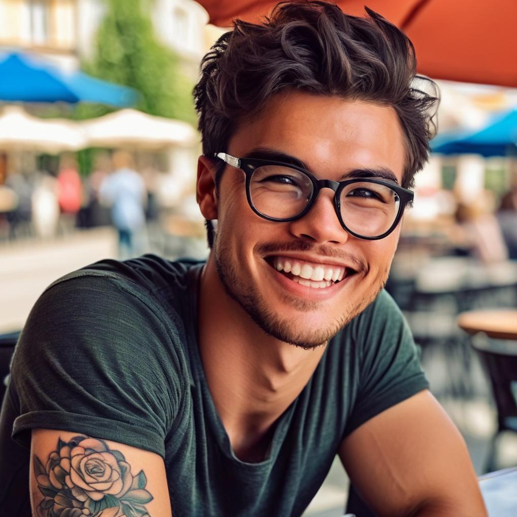 Artificial Intelligence (AI) generated image art, Photorealistic detail, handsome, and beautiful, picture of man at a cafe in Vienna on a sunny day. man has a slim figure, is strong, incredibly attractive, and appears trustworthy. Close-up shot, smiling and projecting warmth, confidence, and approachability. The smile is a genuine, open smile with visible, neat white teeth. There is excellent lighting, and the face is illuminated well. The soft natural lighting accentuates the subject's perfect features. He has a (detailed face), natural (detailed eyes), and (symmetrical) eyes and facial features. Not wearing glasses. His skin is toned perfectly and is very healthy. The expression is natural in a candid moment, and he appears genuinely happy. A cool tattoo is partially visible on his forearm.
