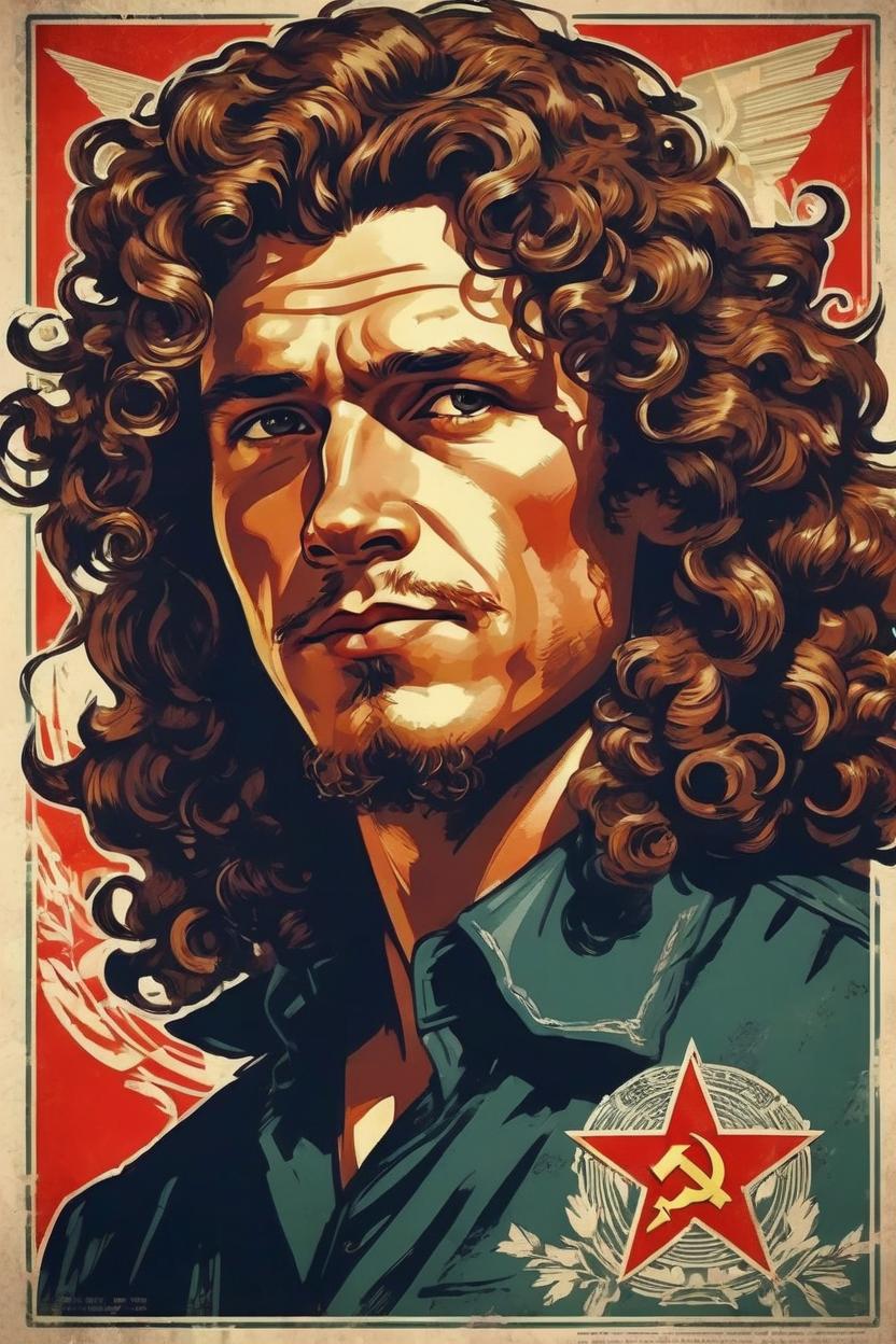 Artificial Intelligence (AI) generated image art, man, (intricate soviet propaganda poster), extremely detailed beautiful human character, illustration, sharp focus, realistic, shoulder length naturally curly hair, realness,likeness, colton