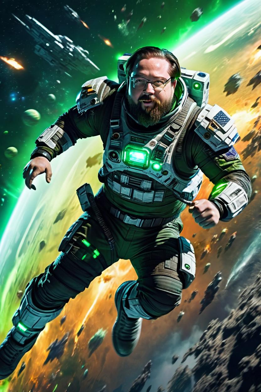 Artificial Intelligence (AI) generated image art, man, as space soldier, in intense space battle, running, art by greg rutkowski, on green planet, highly detailed, photorealistic, sharp focus, 8k, cinematic lighting, highly detailed, futuristic glow