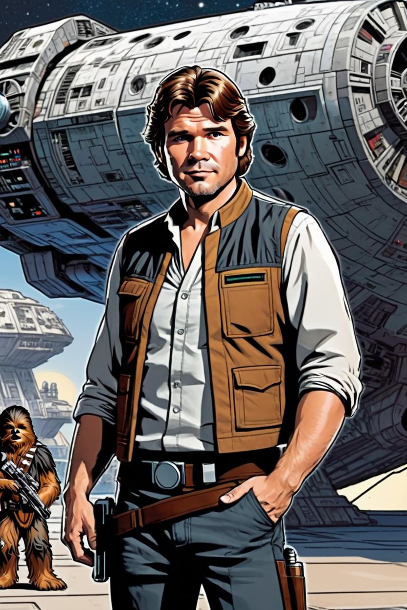 Artificial Intelligence (AI) generated image art, man, handsome man, As Han Solo from Star Wars comics. Cover art by David Nakayama. Chewbacca in the background. Standing in front of the millennium falcon, in a space shipyard. Comic book style.