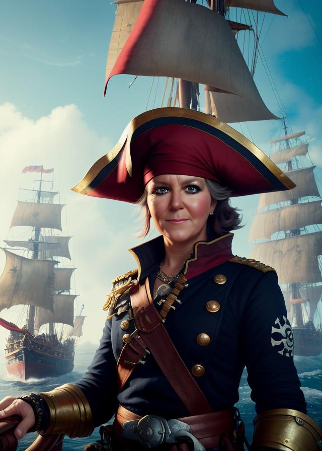 Artificial Intelligence (AI) generated image art, person as a pirate, portrait, sailing ship background, epic, cinematic lighting, 4k, sharp focus, art by greg rutkowski