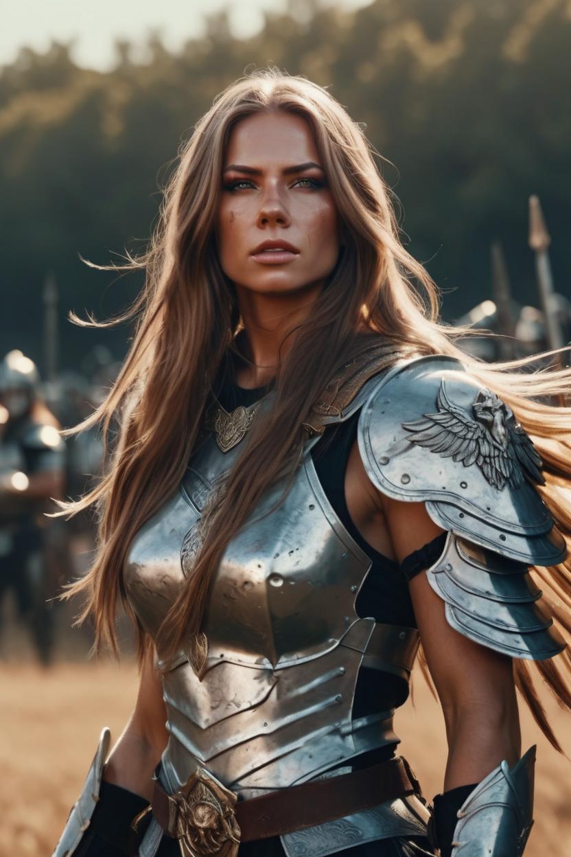 Artificial Intelligence (AI) generated image art, woman, beautiful portrait as angel warrior, epic scene on battle field, long hair, high grain art style, fantasy book character, cinematic, retro, highly detailed, 4k