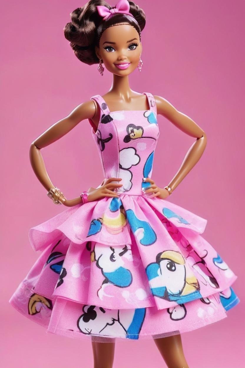 Artificial Intelligence (AI) generated image art, woman,transform into a cartoon-like barbie her skin should be a beautiful shade of brown she should wear barbie's iconic pink dress with stylish accessories and matching shoes ensure her hair is long and flowing like barbie's and her eyes are bright and expressive capturing the fun and glamorous essence of barbie keep her appearance youthful and childlike the image should be full body with a backdrop that reflects barbie's fashionable and playful world highlighting her as a chic and confident character