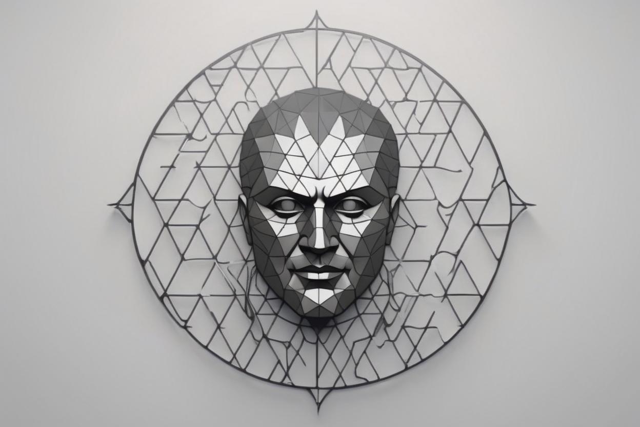 Artificial Intelligence (AI) generated image art, man, high quality logo of a warriors, more detailing, made in black metal, geometry, vector, symmetry, realism, ray tracing, black and white, logo design