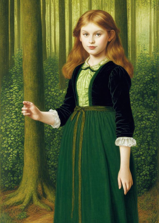 Artificial Intelligence (AI) generated image art, person as an oil painting by Dante Gabriel Rossetti, full body, in a forest, highly detailed, vivid colours, she is 9 years old, pale yellow dress, short sandy blonde hair, innocent looking, curious, cute, lively forest behind her