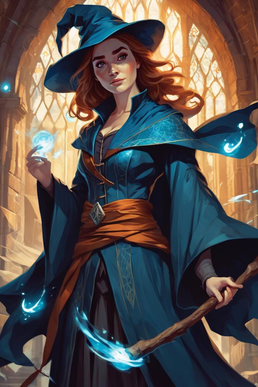 Artificial Intelligence (AI) generated image art, woman as a wizard, fantasy art, Harry Potter, medium shot, asymmetrical, intricate, elegant, illustration, by rhads, by greg rutkowski, by greg tocchini, by james gilleard, by joe fenton