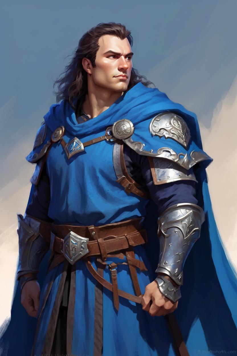 Artificial Intelligence (AI) generated image art, man, art by Greg Rutkowski, fantasy paladin with blue cloak, dnd, friendly expression, medium long hair, muscular build