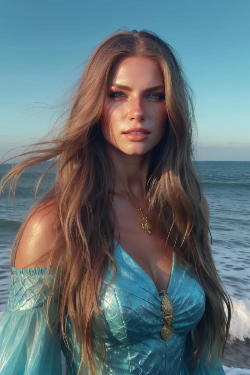Artificial Intelligence (AI) generated image art, woman, stunning portrait as water goddess, epic scene on the ocean, long hair, high grain art, fantasy book character, cinematic, retro, highly detailed, 4k