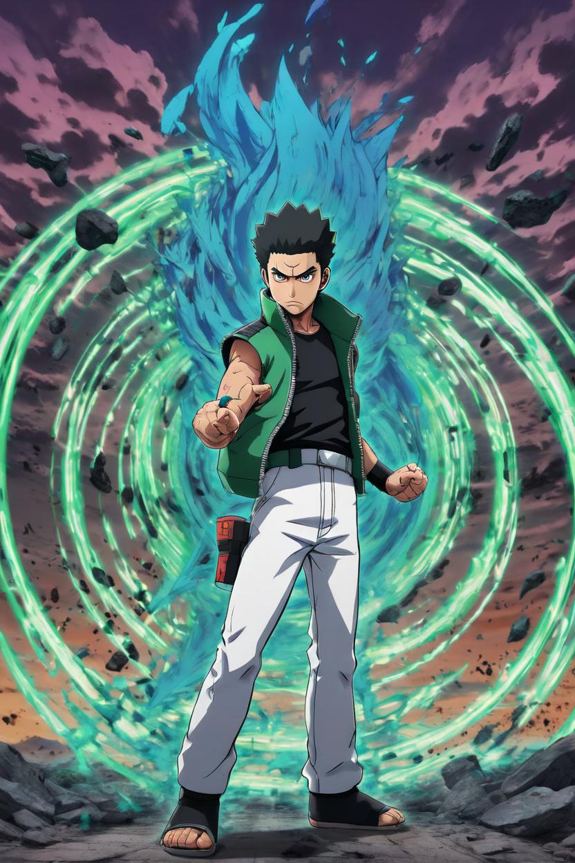 Artificial Intelligence (AI) generated image art, man,,(Full body), face looks like man, , as ROCK LEE, from Naruto shippuden, in style of anime, dressed as ROCK LEE appears to be in a powerful stance, with clenched fists and a determined expression.The character wears a combat-style outfit with tactical gear and has spiky dark hair. The background is abstract, with motion lines and a darkened atmosphere, emphasizing the character's energy and action. He is surrounded by a swirling aura of energy, depicted in vibrant shades of green, purple, and blue, with rocks and debris floating around him, giving a sense of power and movement., The image is rendered in the vibrant, art by masashi kishimoto, detailed style of a "Naruto Shippuden" animation, with sharp outlines, dynamic shading, and a rich, green and blue color palette, art by Masashi Kishimoto, 4K, ultra detailed, face looks like man. "