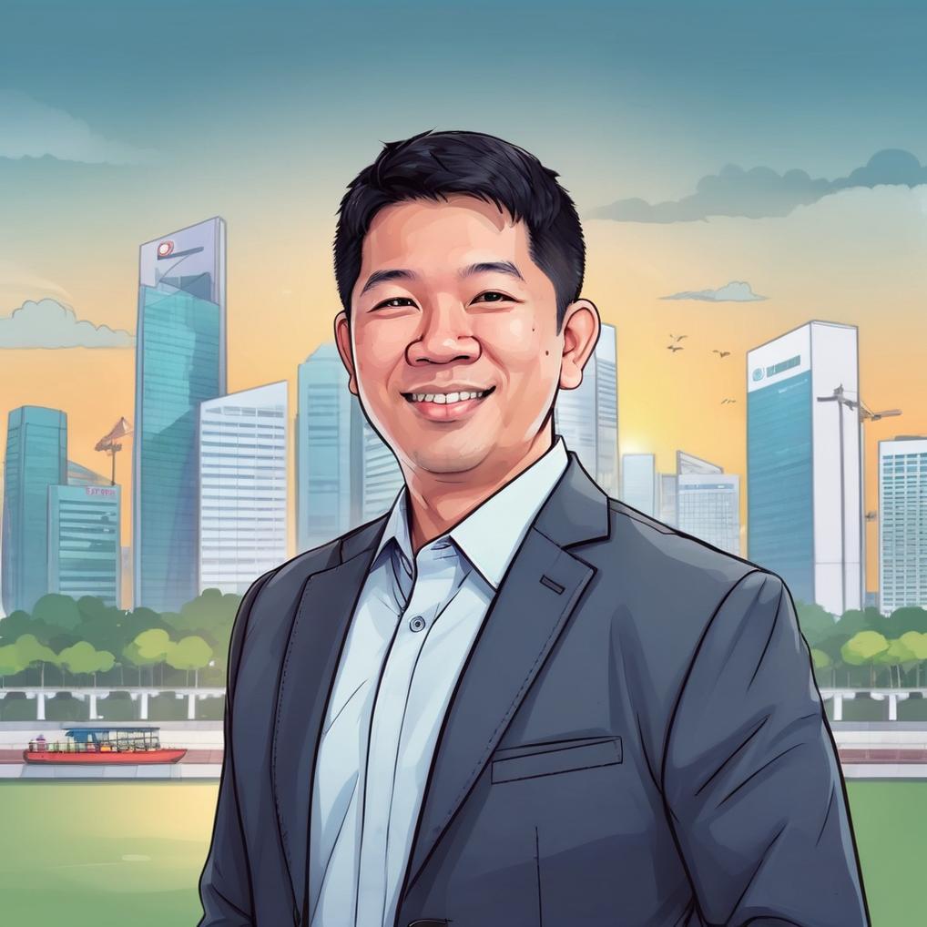 Artificial Intelligence (AI) generated image art, man portrait, Singapore background, business man, cartoon