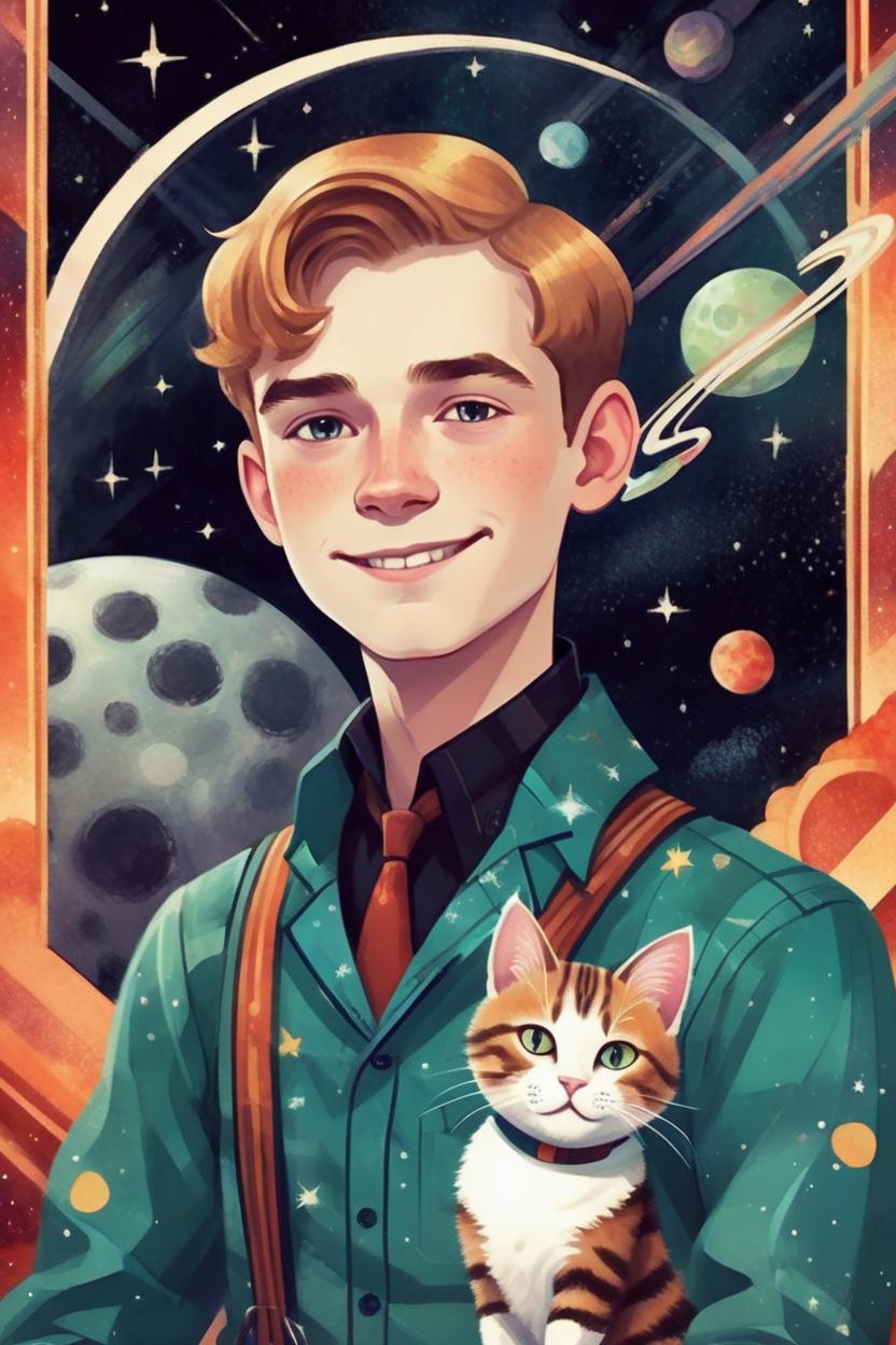 Artificial Intelligence (AI) generated image art,
man, handsome man in his late teens. ((landscape)), floating whimsically in outer space with his cat RubyLove, art deco, illustration, sweet, beautiful.