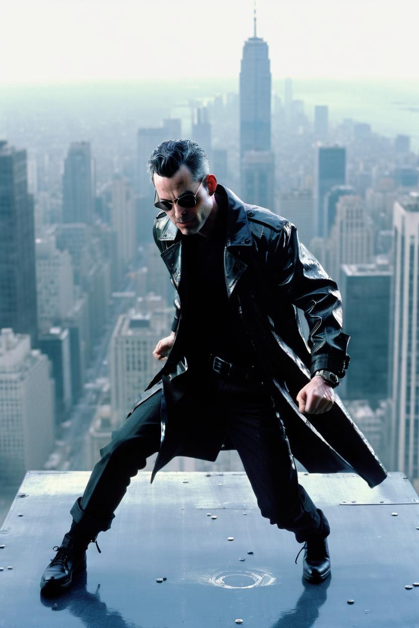 Artificial Intelligence (AI) generated image art, man, male, action shot, matrix, Wachowski,1990s cyberpunk, PVC trench coat, bullet-time, bending back to dodge a bullet, cinematic, full body, defying gravity, sonic waves visible, on top of skyscraper, cityscape in the background, high detail, hyper photorealistic