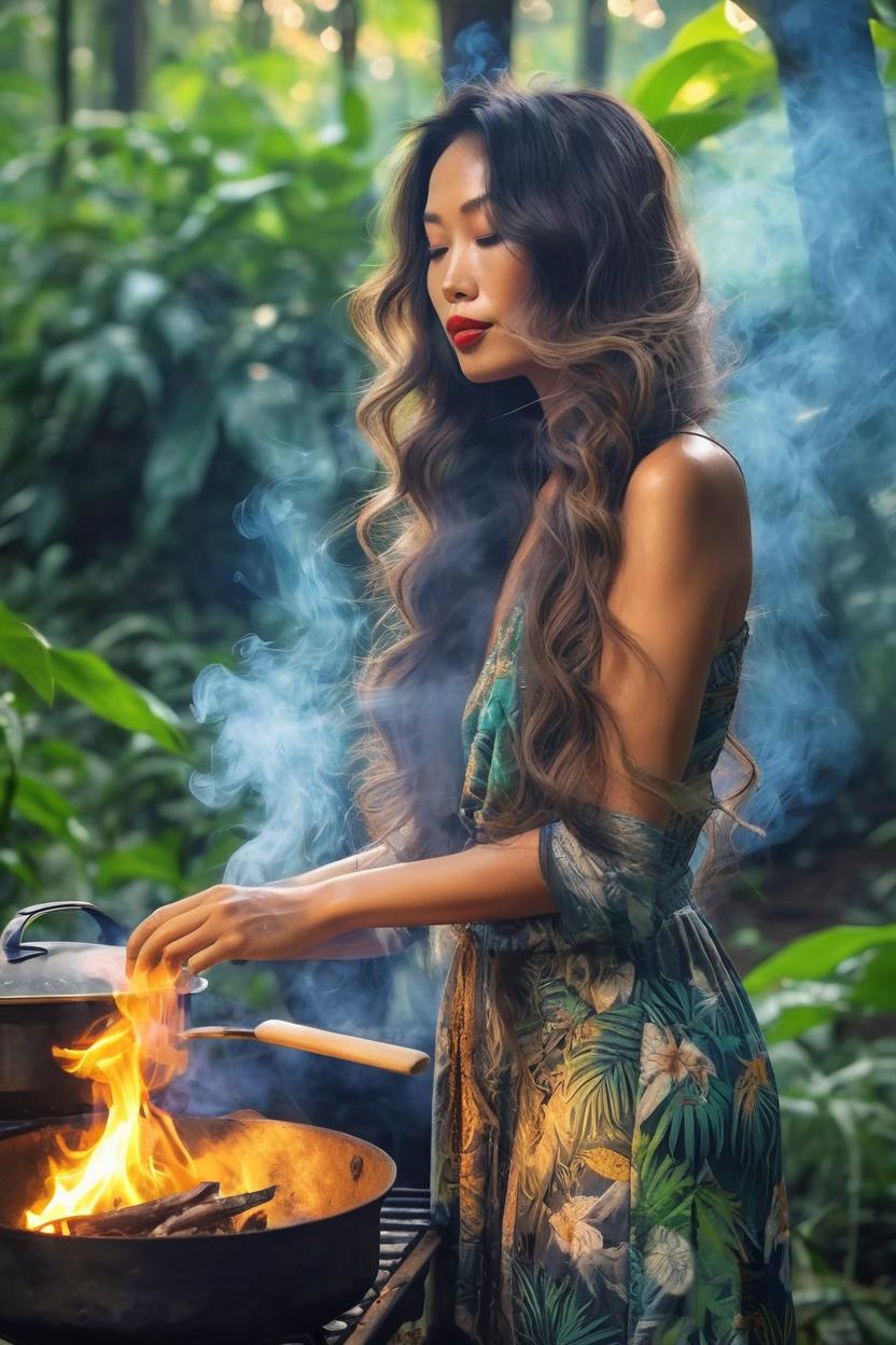Artificial Intelligence (AI) generated image art, woman, cooking in nature, with smoke from woods, romantic atmosphere, o
Gentle gaze, dawn, jungle, dews, tropical forest, full body, long big wavy layered hair, sensual dress, golden hours, night