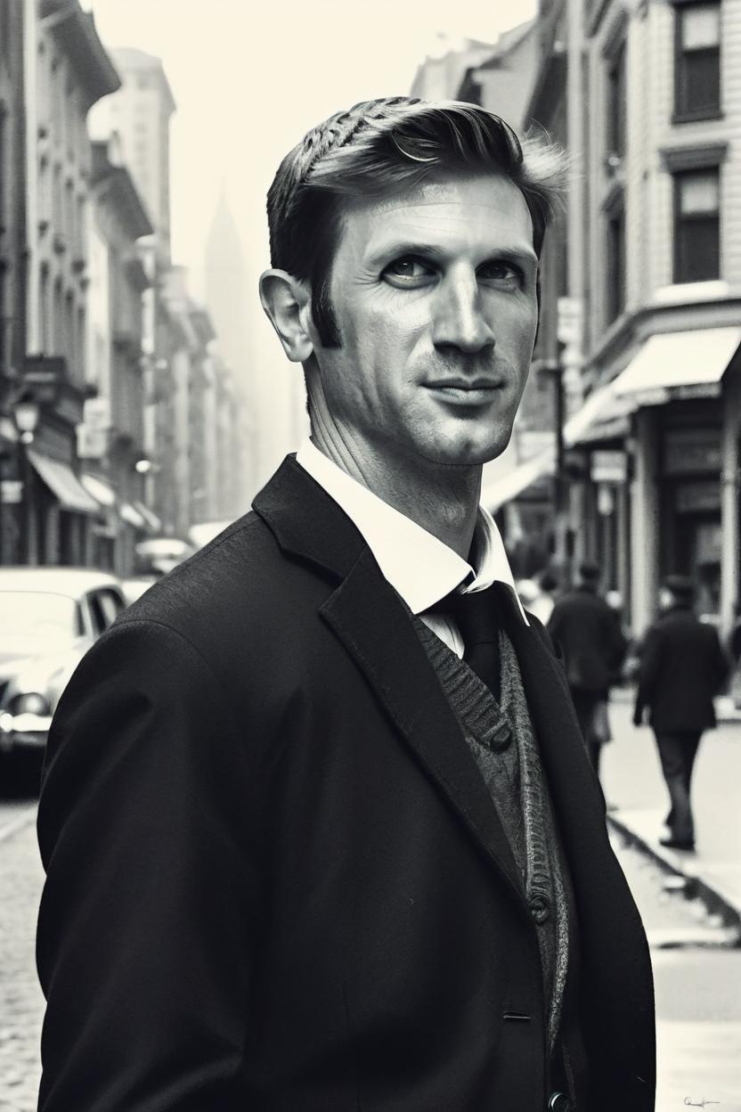 Artificial Intelligence (AI) generated image art, highly resembles man, b&w, 1900 photograph, vintage, portrait, photorealistic, city street in background, art by artgerm, contrast