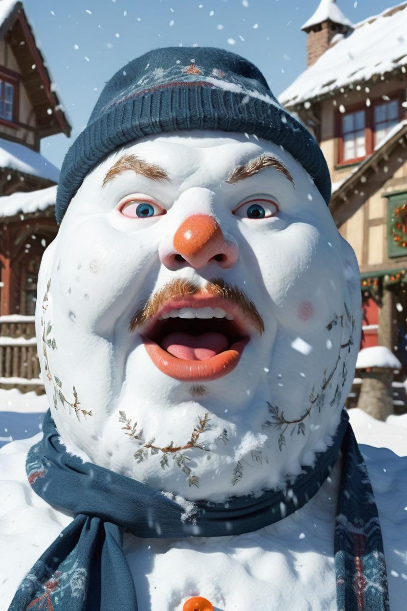 Artificial Intelligence (AI) generated image art, man, (intricate snowman poster), extremely detailed of a beautiful human character, illustration, sharp focus, singing outside in a winter village