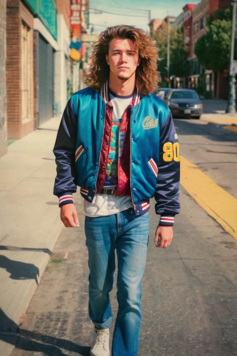 Artificial Intelligence (AI) generated image art, man, is a handsome man, on a vintage 80s photo, ((analog realistic photography)), ((accurate portrait of man)) dressed in 90s mans fashion, wearing an varsity jacket, walking down the street, full body portrait, the 90s astectic in background amongst city street, colorful