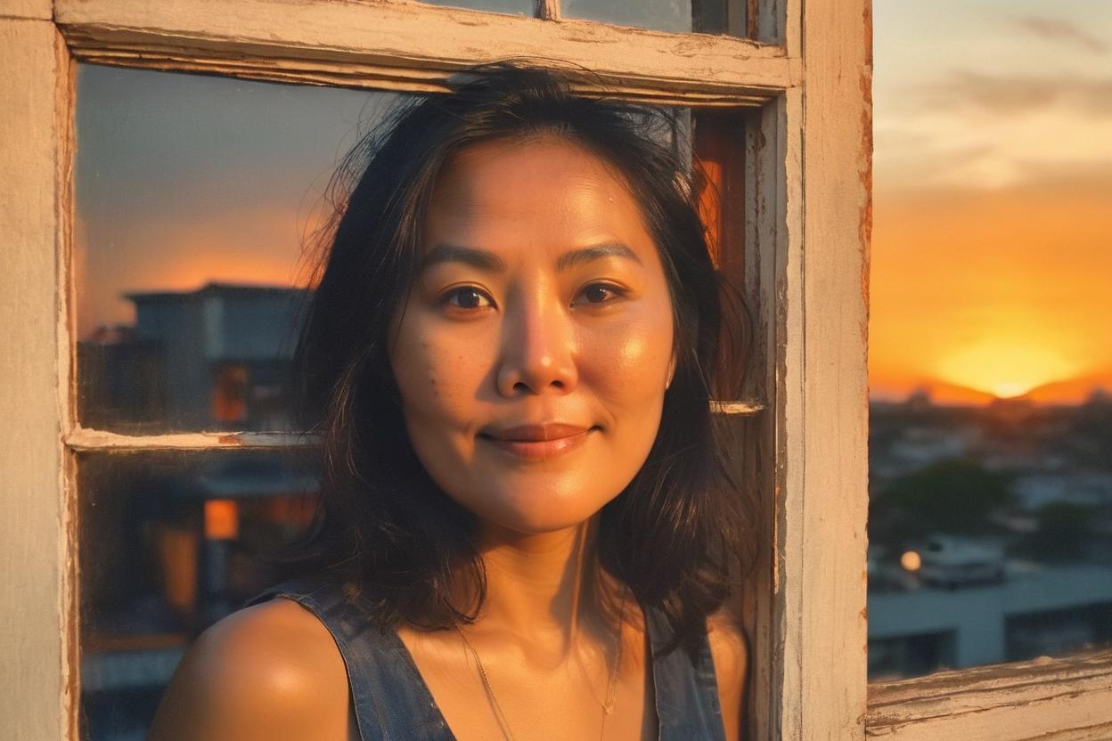 Artificial Intelligence (AI) generated image art, woman, portrait, old polaroid photo, golden hour, small old window with sunset, bathed in orange light, (highly detailed and natural eyes) dreamy and gloomy atmosphere, detailed face, highly detailed, 8k