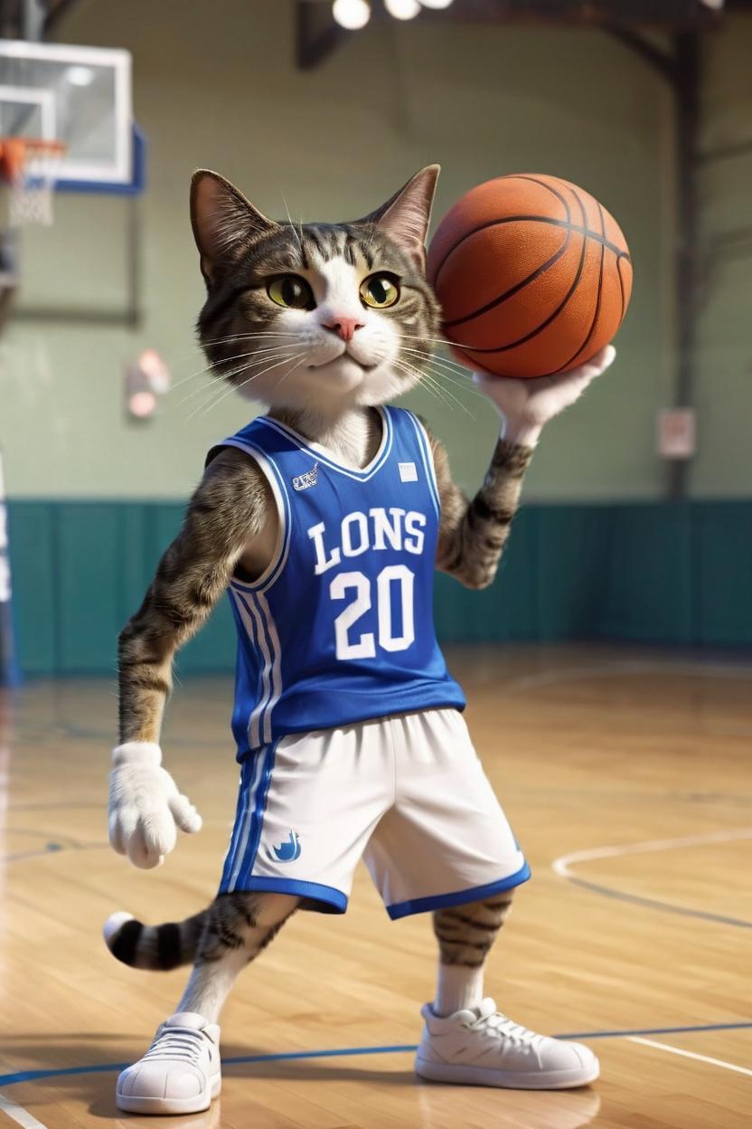 Artificial Intelligence (AI) generated image art, cat, as a basketball player wearing a basketball jersey, on a basketball court shooting a basketball, looney tunes style