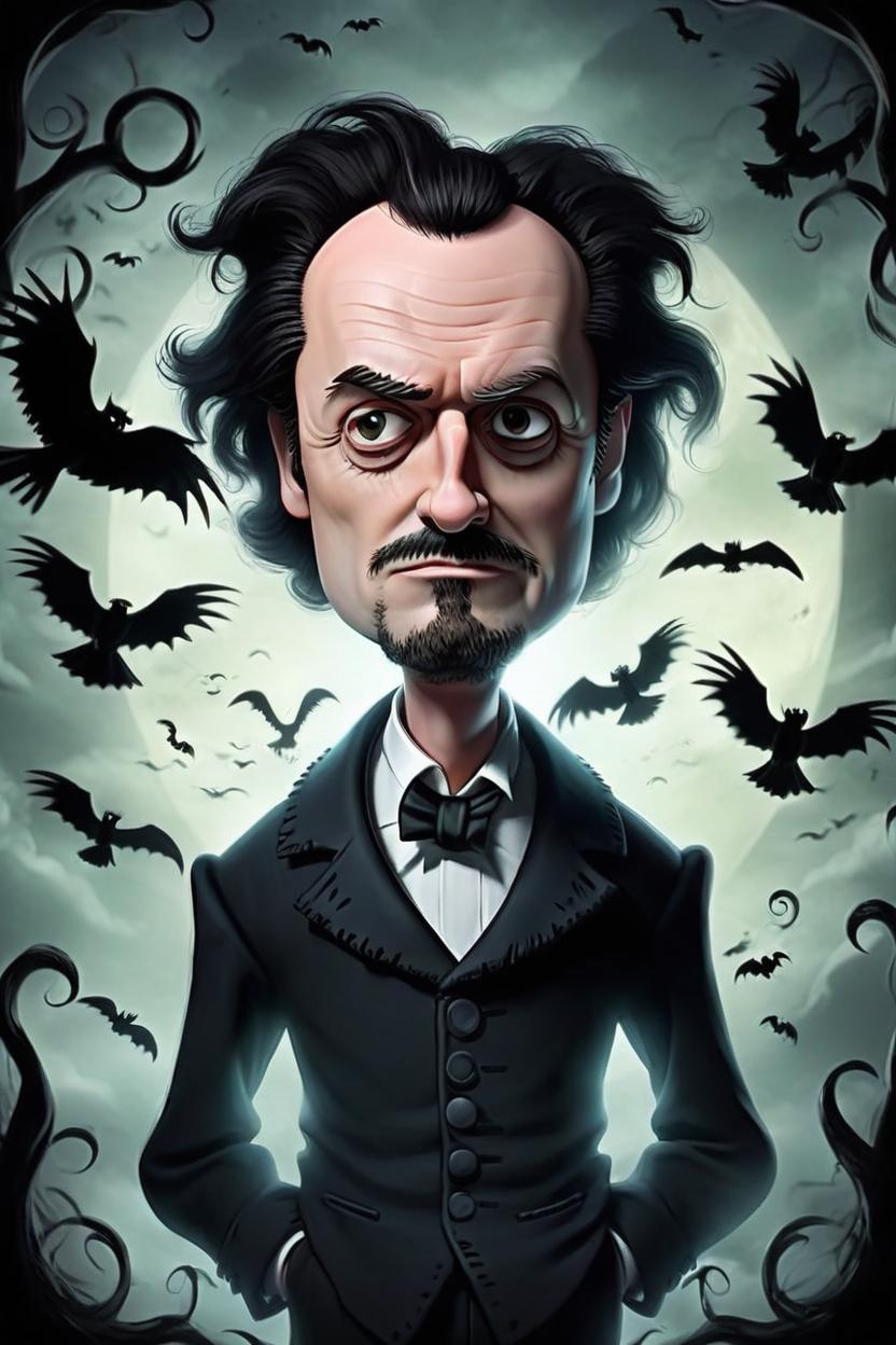 Artificial Intelligence (AI) generated image art, man, as edgar allan poe, (tim burton animation style), 3d animation of illustration, cartoon, digital painting