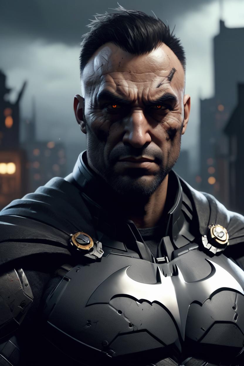 Artificial Intelligence (AI) generated image art, masterpiece portrait of (man) as batman, rugged, evil, dark, dystopian background, au naturel, hyper detailed, digital art, trending in artstation, cinematic lighting, studio quality, smooth render, unreal engine 5 rendered, octane rendered, art style by klimt and nixeu and ian sprigger and wlop and krenz cushart and riot and overwatch