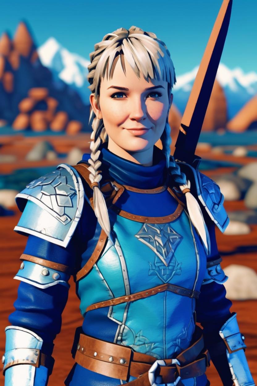Artificial Intelligence (AI) generated image art, woman, early 2000 low game graphics, 2000s playstation graphics artstyle, low polygon 3d game, psx game, ps2 game, as viking, cute smile, looking straight on, wearing blue leather armor