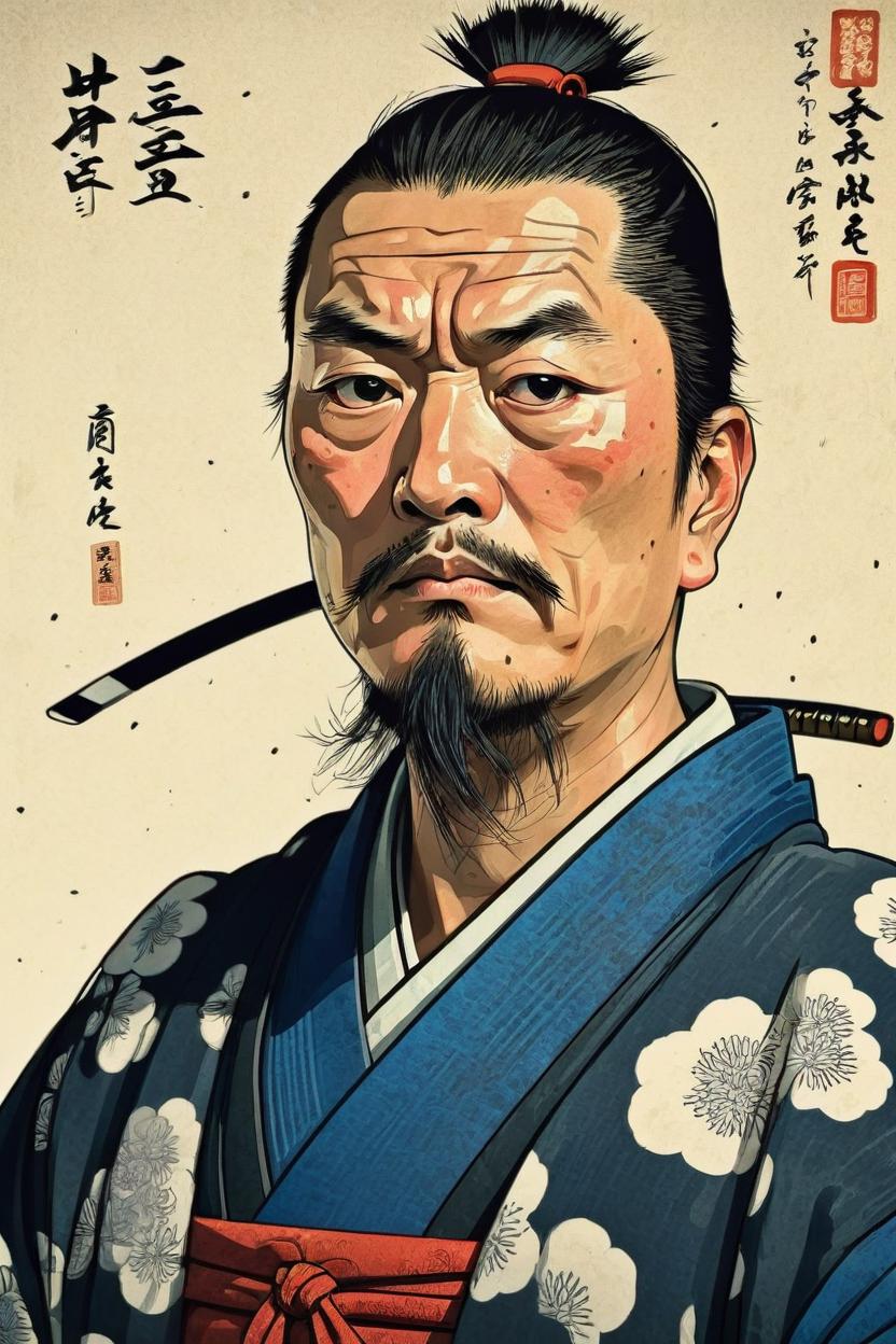 Artificial Intelligence (AI) generated image art, portrait of a samurai man, ukiyo-e style