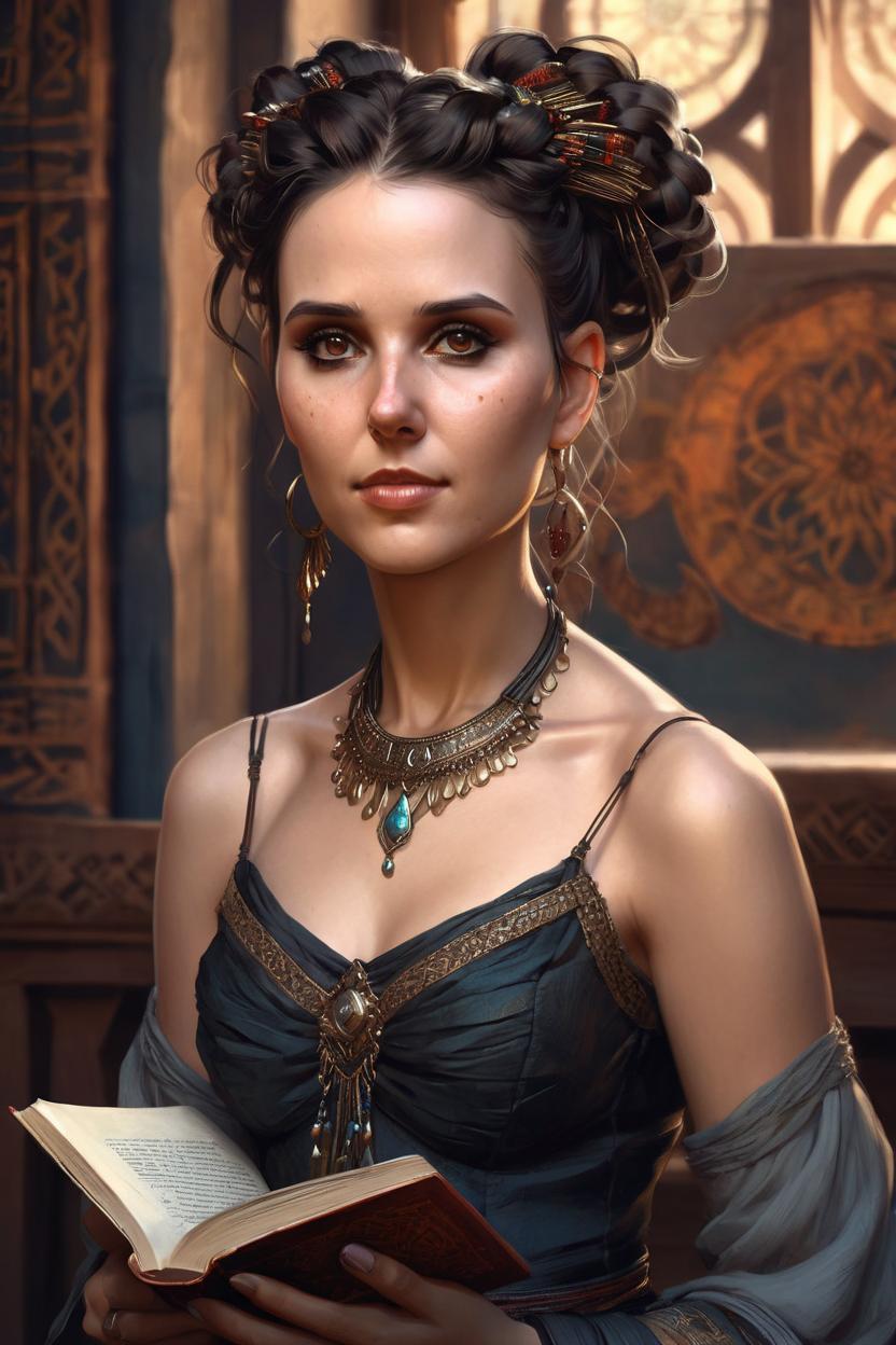 Artificial Intelligence (AI) generated image art, woman, Portrait of young woman read the book, upper torso. real life skin, dark braided hair. intricate, elegant, highly detailed, artstation, concept art, smooth, sharp focus, art by artgerm and greg rutkowski and alphonse mucha