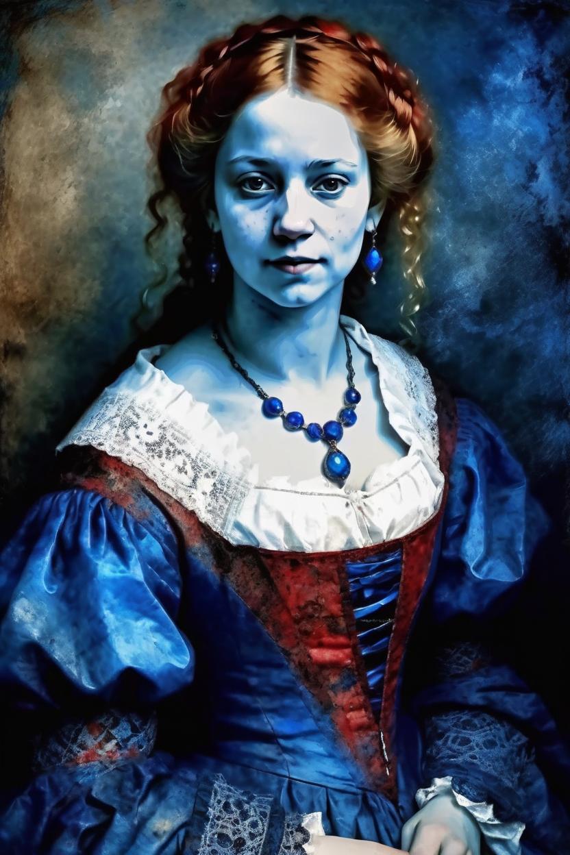 Artificial Intelligence (AI) generated image art, woman, (portrait), Gothic princess in dark and blue torn dirty white stained red and blue nightgown, ((By Rembrandt painting)), (fractal flame), highly detailed