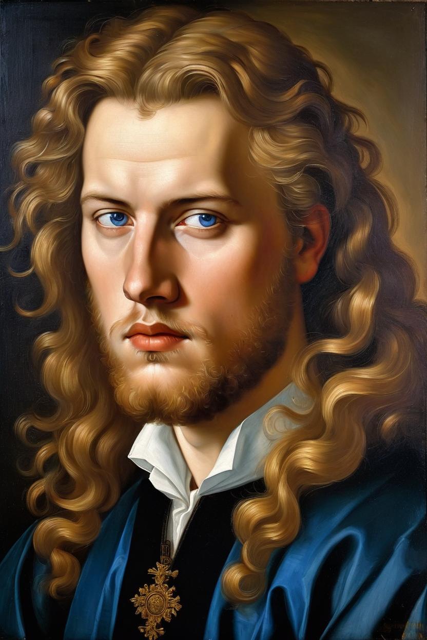 Artificial Intelligence (AI) generated image art, Portrait of a beautiful Noble man man, dressed in Dutch renaissance-style, (leave space above head), oil painting with warm background and heavy shadow, elegant posture, (burly body) stern gaze, Young man portrait with blue eyes and long golden-blonde curly hair, blonde beard, art by Antonello da Messina, Hans Memling, Albrecht Dürer, Hans Holbein II and Sofonisba Anguissola. Baroque times.