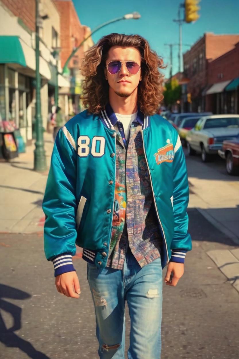 Artificial Intelligence (AI) generated image art, man, is a handsome man, on a vintage 80s photo, ((analog realistic photography)), ((accurate portrait of man)) dressed in 90s mans fashion, wearing an varsity jacket, walking down the street, full body portrait, the 90s astectic in background amongst city street, colorful