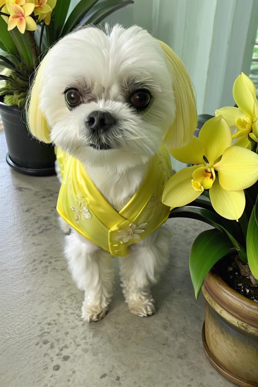 Artificial Intelligence (AI) generated image art, dog wearing a yellow gown with yellow plumeria & yellow orchids in her hair standing near live yellow orchids & bromeliads