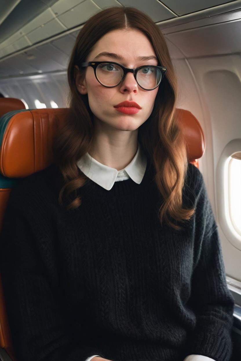 Artificial Intelligence (AI) generated image art, Tired, no makeup, pouty lips, portrait, plain black sweater, in a plane, passanger seat, Hyperrealistic, meticulous attention, stunning costume design, smooth natural skin, shot in the style of Wes Anderson, Mysterious and seductive