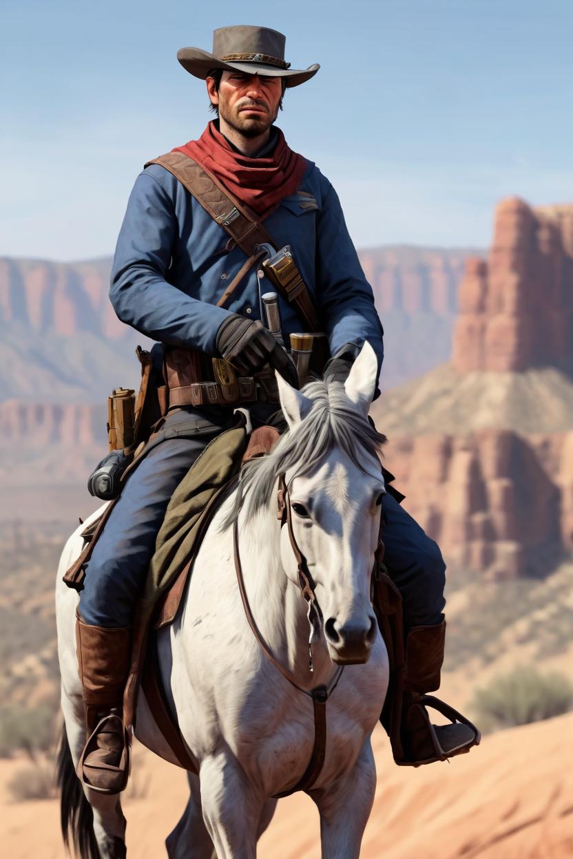 Artificial Intelligence (AI) generated image art, man, art by greg rutkowski, red dead redemption cowboy, semi realistic, on horseback, revolver, desert background, canyons,