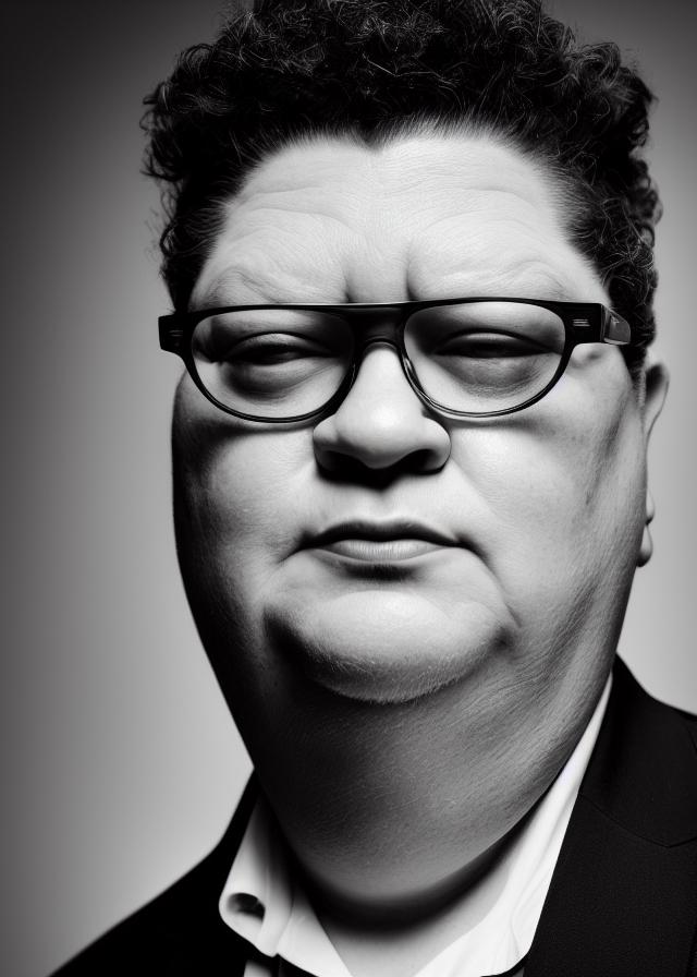 Artificial Intelligence (AI) generated image art, person, business professional, portrait, ((old b&w photo)), (((film grain))), dark cinematic background, photorealistic, hyperreal, ultra defined, 4k, one head, curly fauxhawk, dark gray tinted glasses, looking pensive, looking away