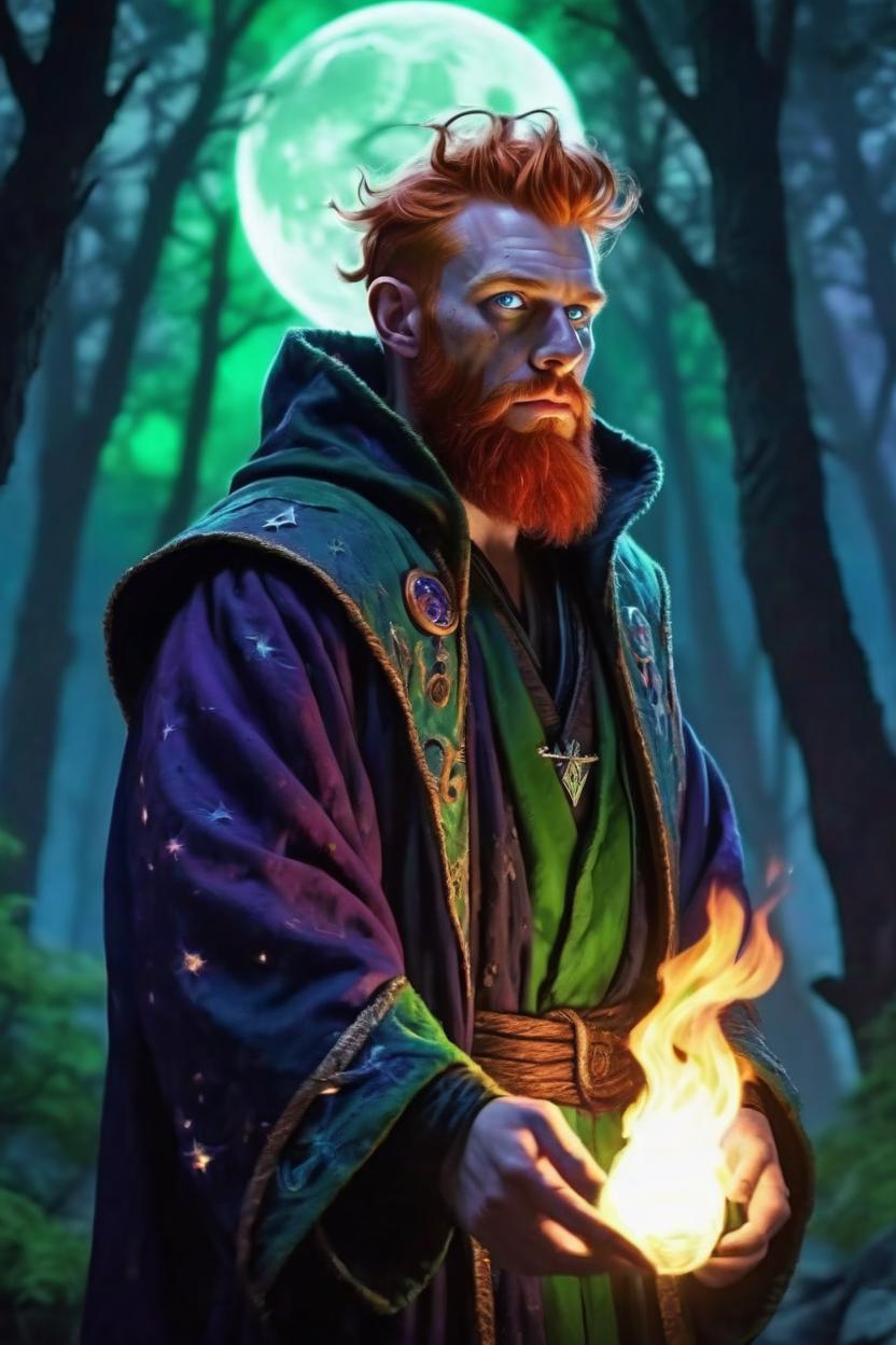 Artificial Intelligence (AI) generated image art, man, standing in the moonlight wearing a tattered wizard robe, he has red glowing eyes, ginger hair, fantasy wizard, dnd, ((blue and green fire from hands)), fantasy art by Greg Rutkowski, highly detailed, sharp focus, 4k, purple and black and red fire engulfs forest behind him, ominous