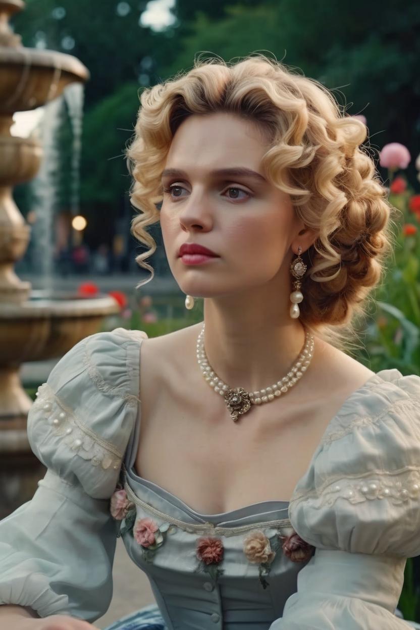 Artificial Intelligence (AI) generated image art, woman, bidgerton period style dress with sweetheart neckline, curly updo, pearl earrings, cinematic, garden flowers, sitting at fountain, portrait, 4k ultra detailed